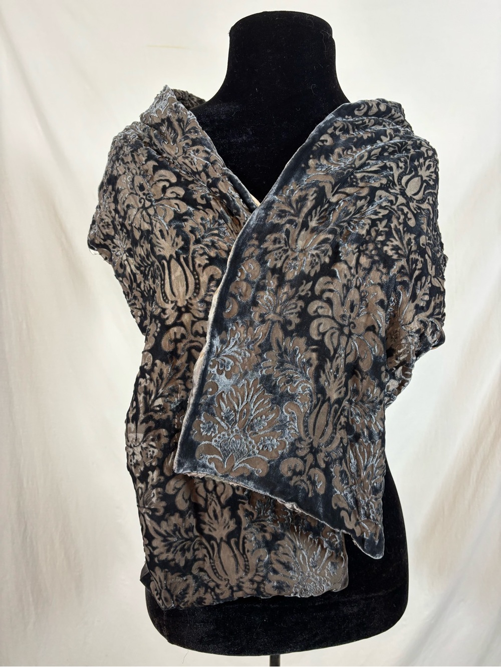 Reversible Burnout Velvet Damask Scarf Black Taupe Silver Whimsigoth Romantic 0S
